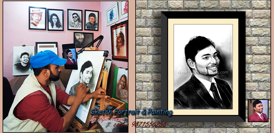 Live Charcoal Portrait Painting Work on Paper By Sujit Kumar in Dilli Haat & South Delhi NCR